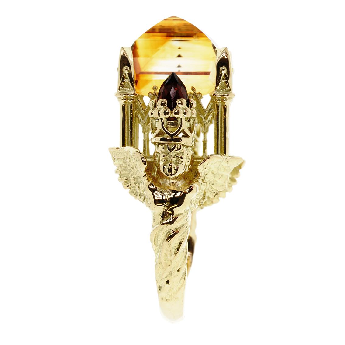 Women's or Men's Gothic Cathedral Ring in 18 Karat Yellow Gold, Citrine and Garnets For Sale