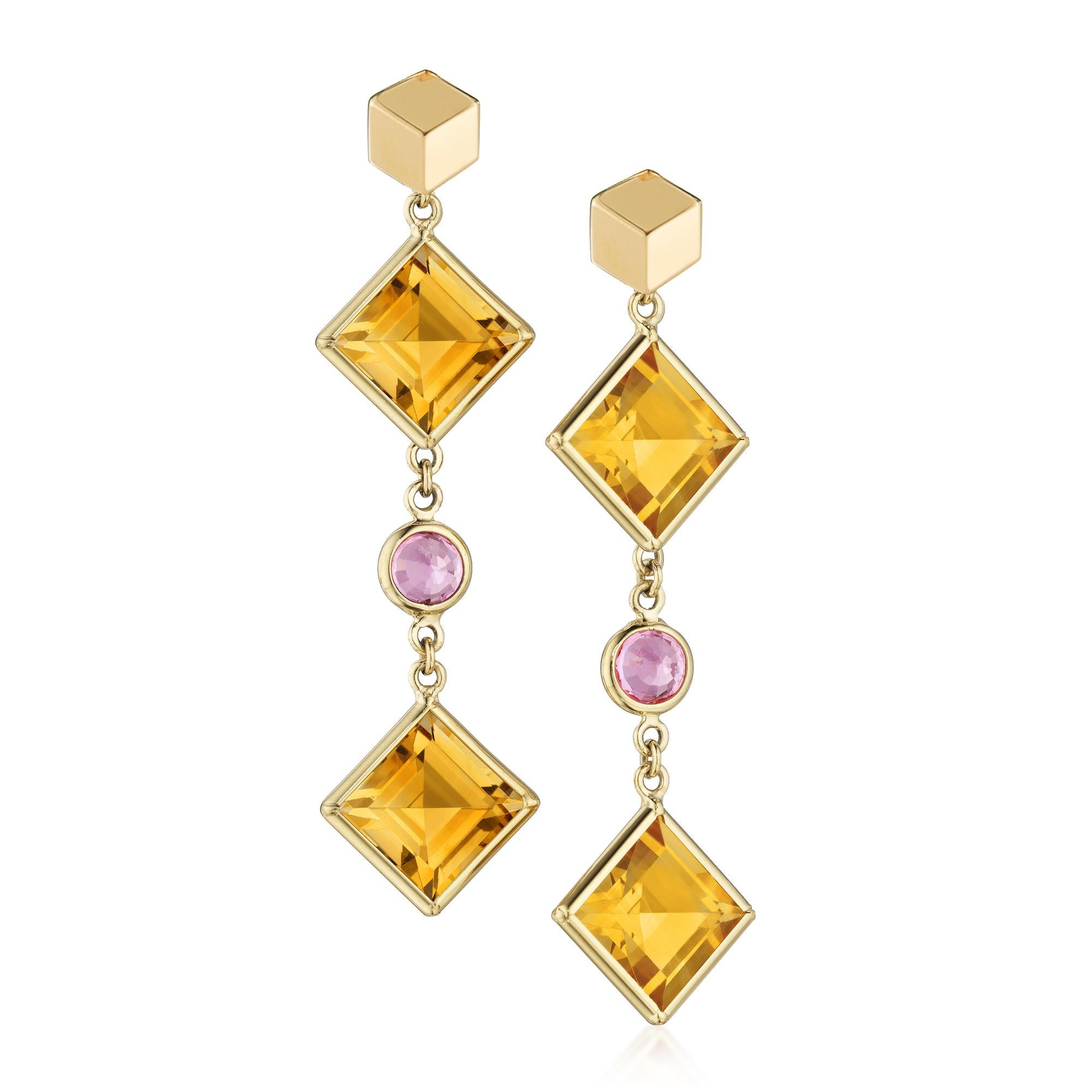 Contemporary Paolo Cosatgli 18 Karat Yellow Gold Citrine & Pink Sapphire Florentine Earrings For Sale