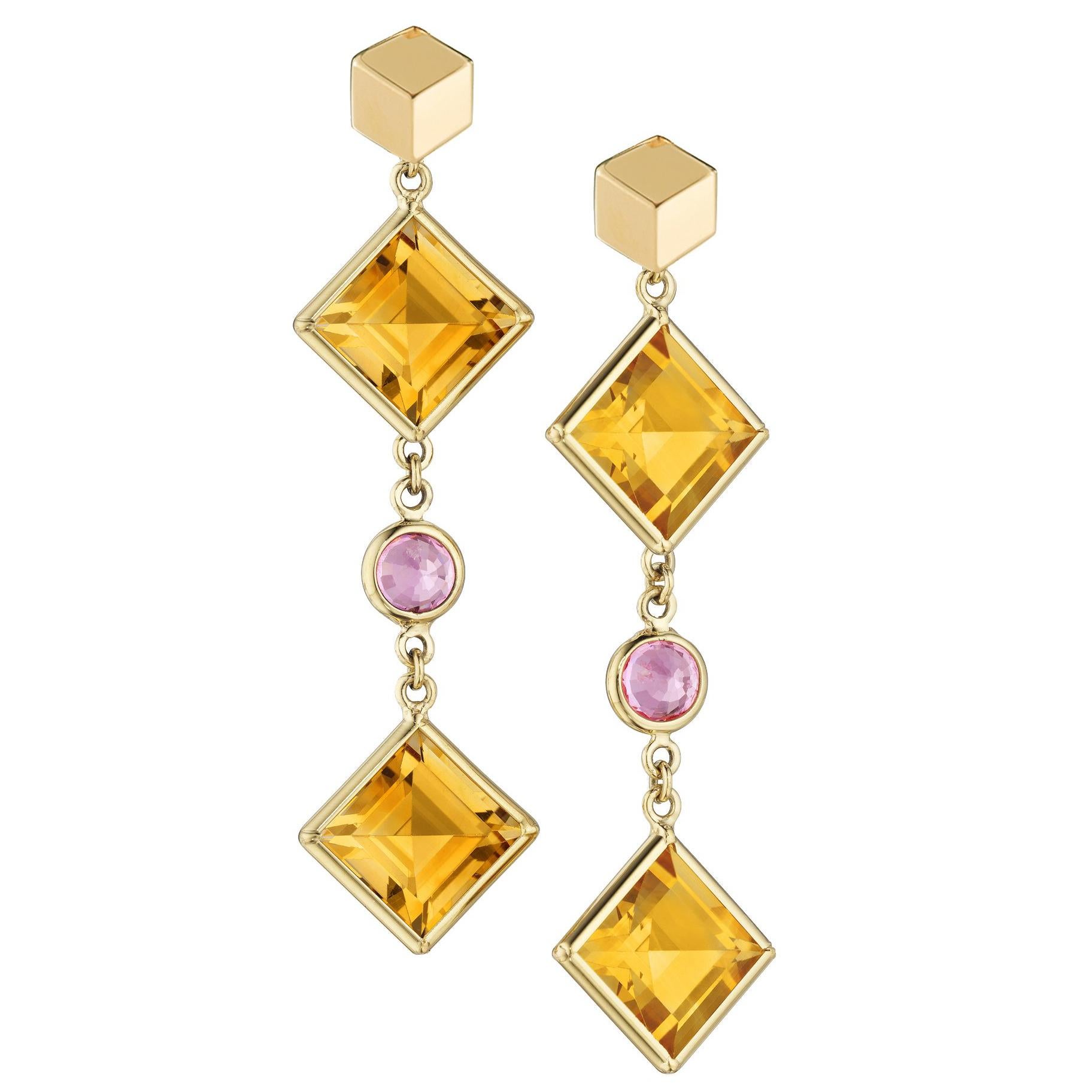 Paolo Cosatgli 18 Karat Yellow Gold Citrine & Pink Sapphire Florentine Earrings im Angebot