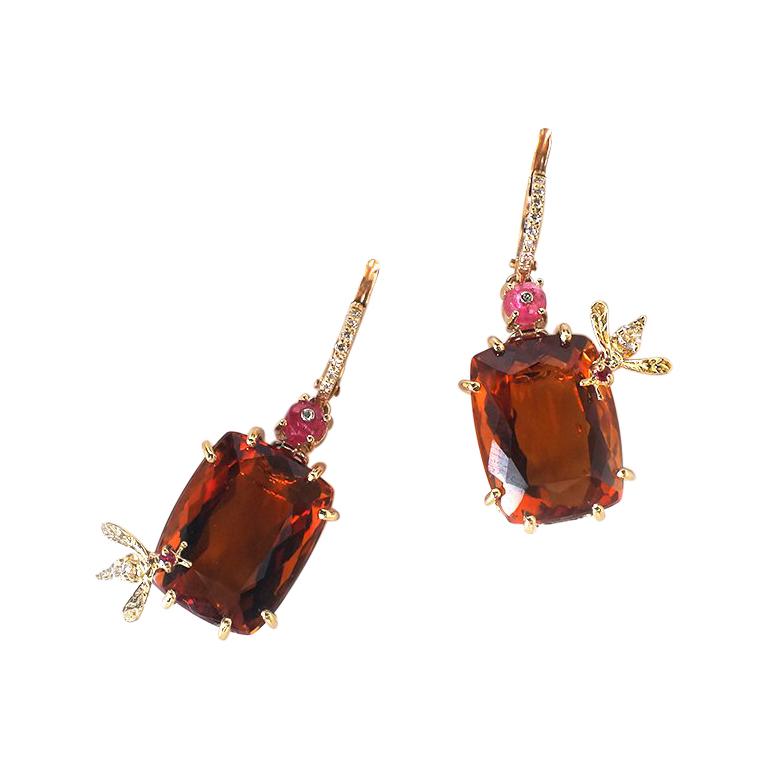 Sharon Khazzam 18 Karat Yellow Gold Citrine and Red Spinel Bee Earrings For Sale