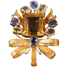 18-Karat Yellow Gold, Citrine, Blue and Yellow Sapphire, and Diamond Brooch