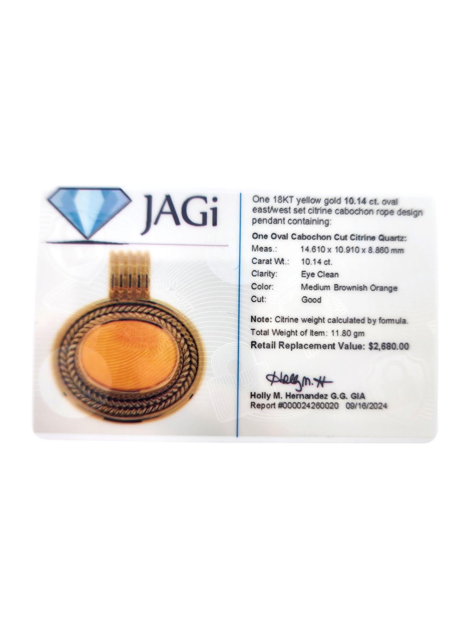 Pendentif en or jaune 18 carats avec citrine cabochon en forme de câble n°19034 en vente 2
