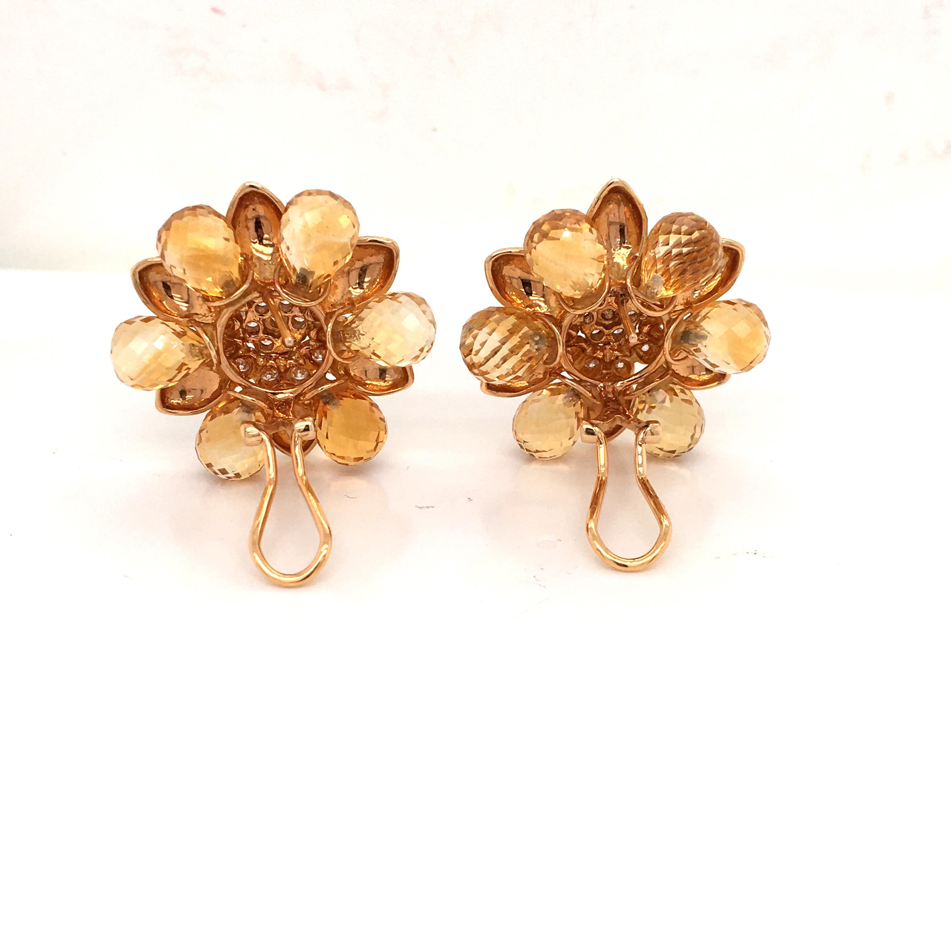 George V 18 Karat Yellow Gold Citrine Flower Design Pair of Earrings Made in Italy For Sale