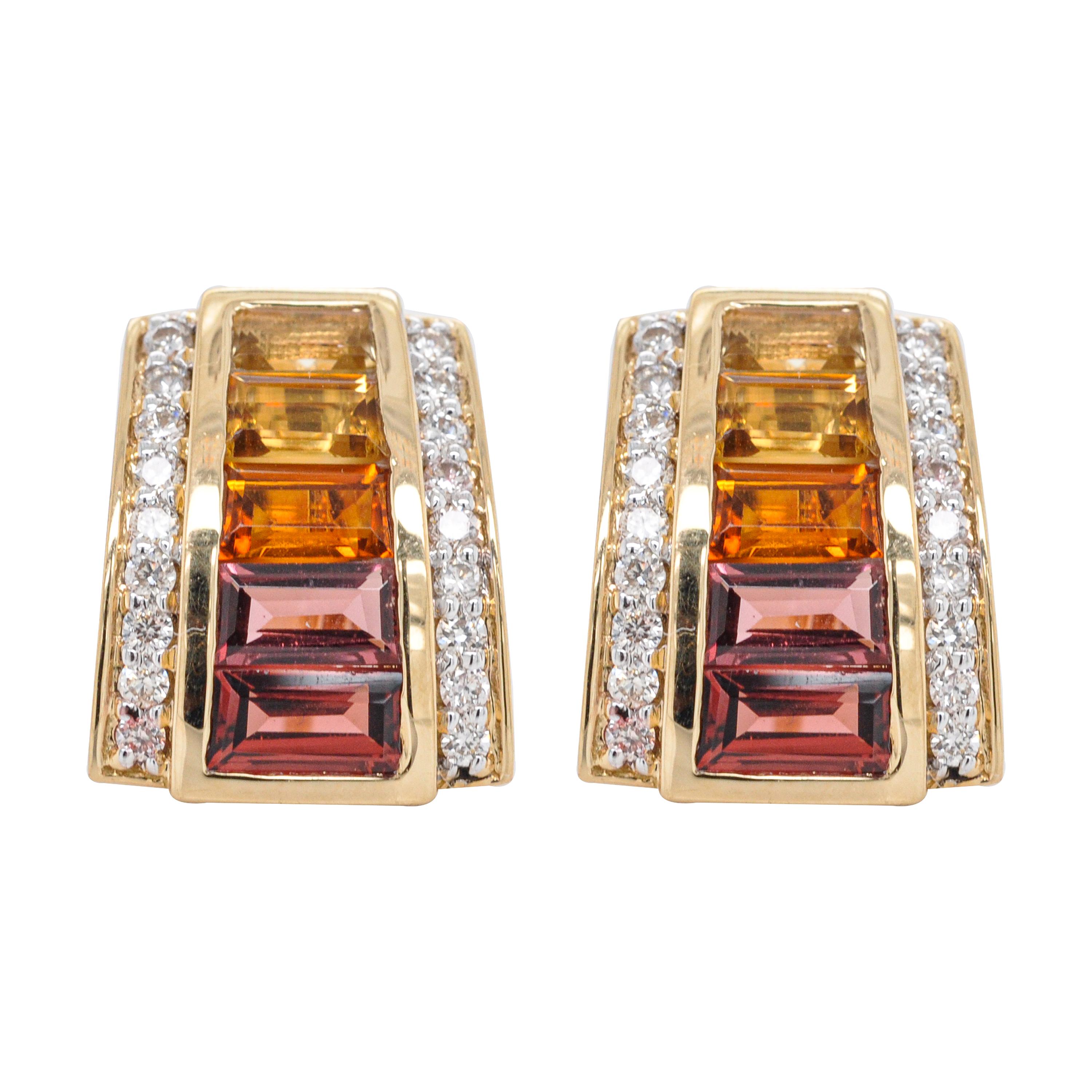 18 Karat Yellow Gold Citrine Garnet Baguette Art Deco Diamond Stud Earrings For Sale 5