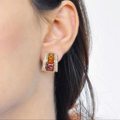 Handcrafted Citrine Garnet Baguette Art Deco Diamond Gold Stud Earrings