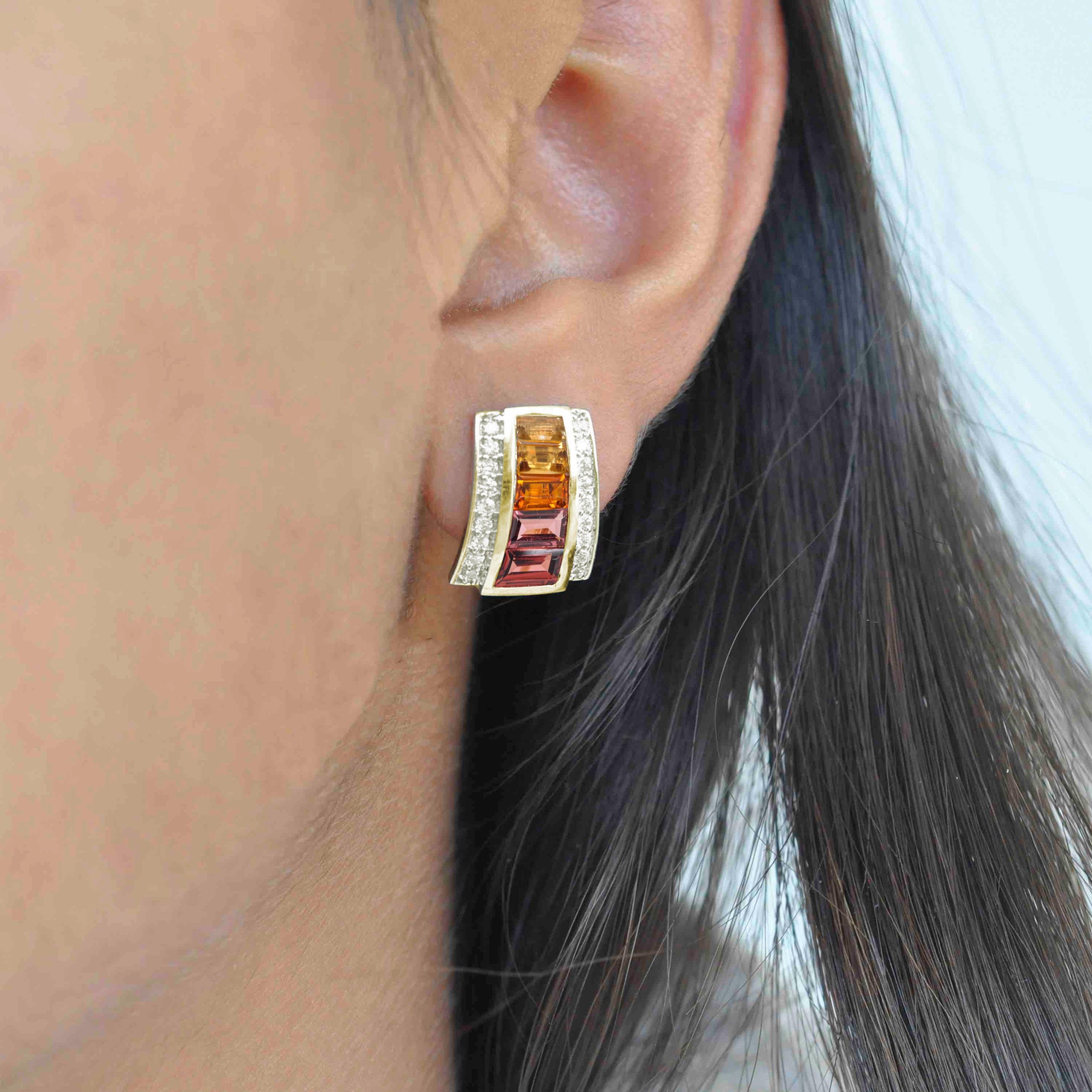 Tapered Baguette 18 Karat Yellow Gold Citrine Garnet Baguette Art Deco Diamond Stud Earrings For Sale