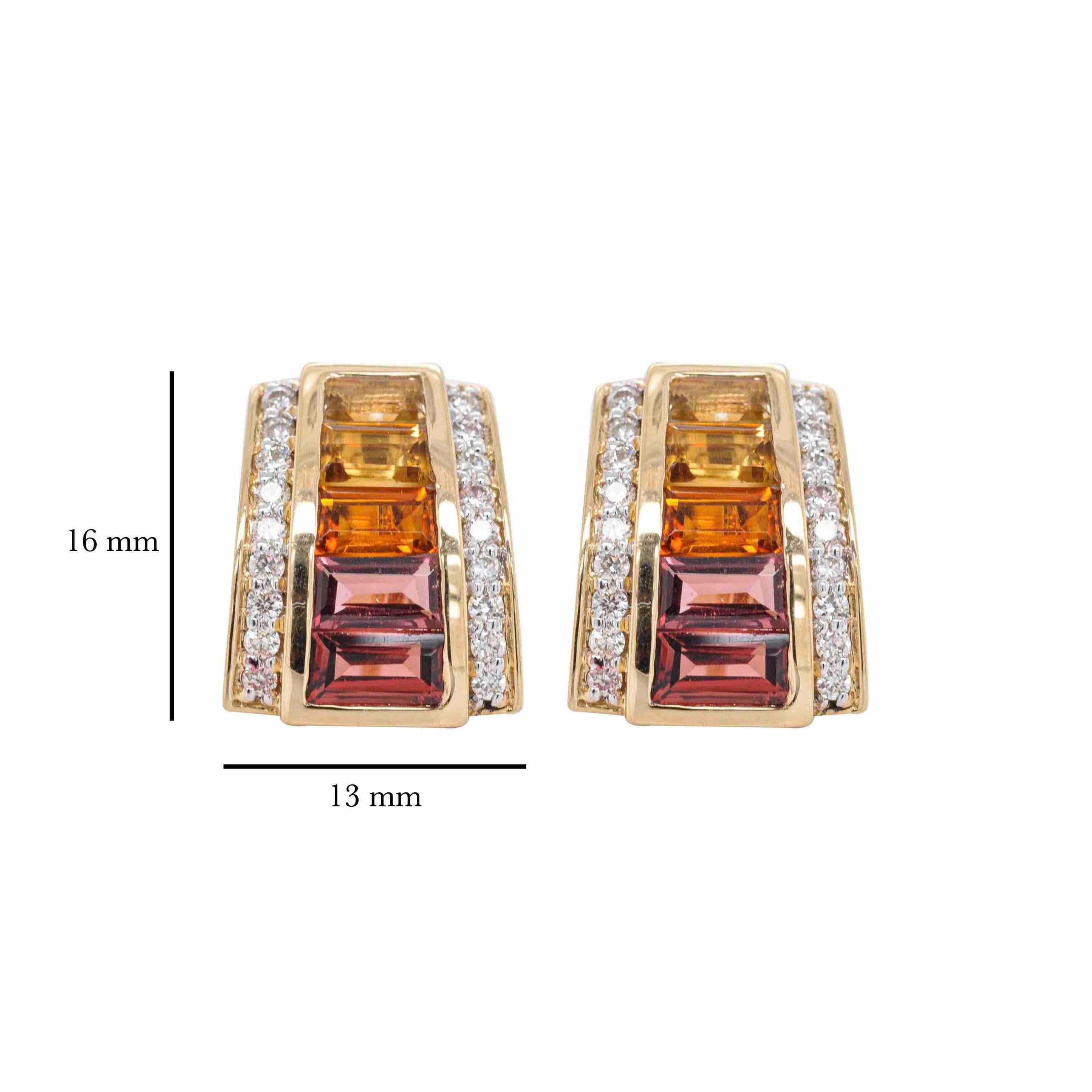 18 Karat Yellow Gold Citrine Garnet Baguette Art Deco Diamond Stud Earrings In New Condition For Sale In Jaipur, Rajasthan