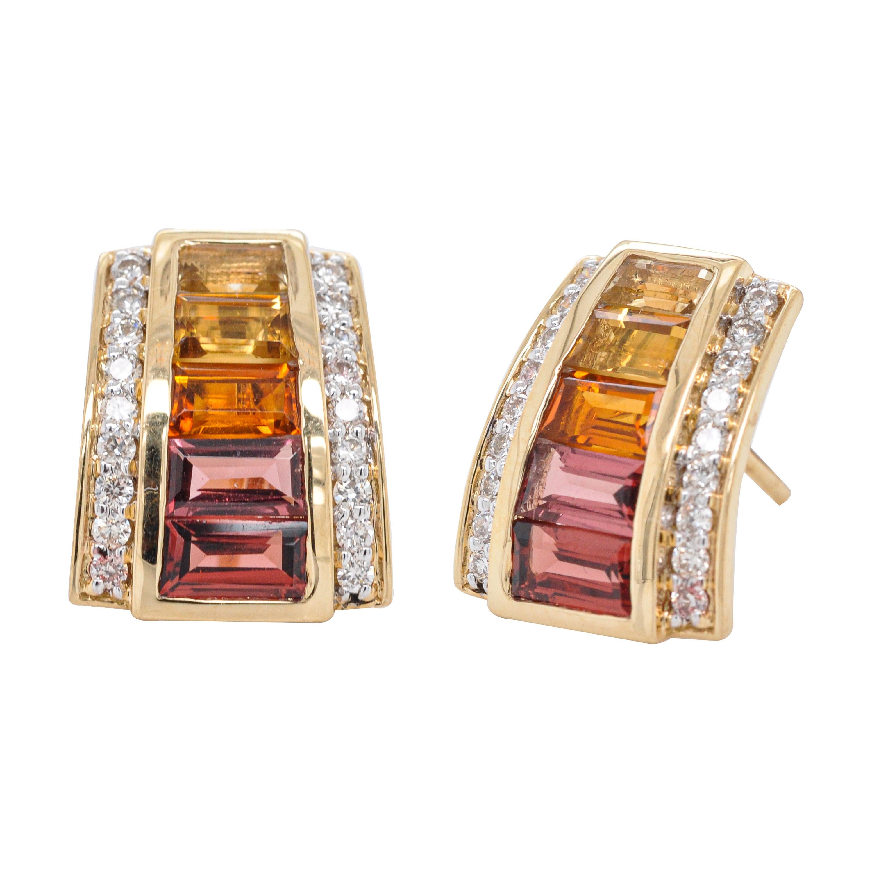 Women's 18 Karat Yellow Gold Citrine Garnet Baguette Art Deco Diamond Stud Earrings For Sale