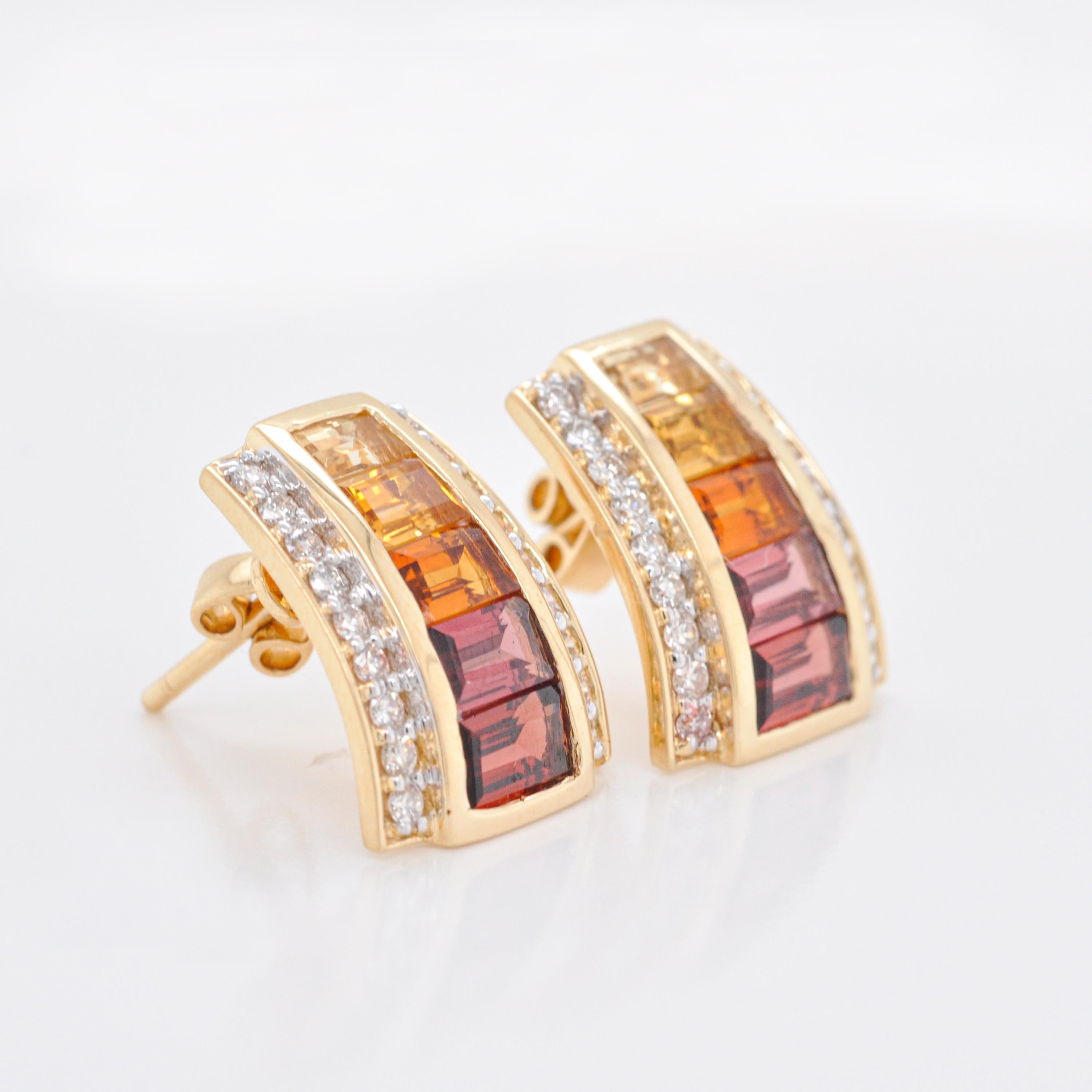 18 Karat Yellow Gold Citrine Garnet Baguette Art Deco Diamond Stud Earrings For Sale 1