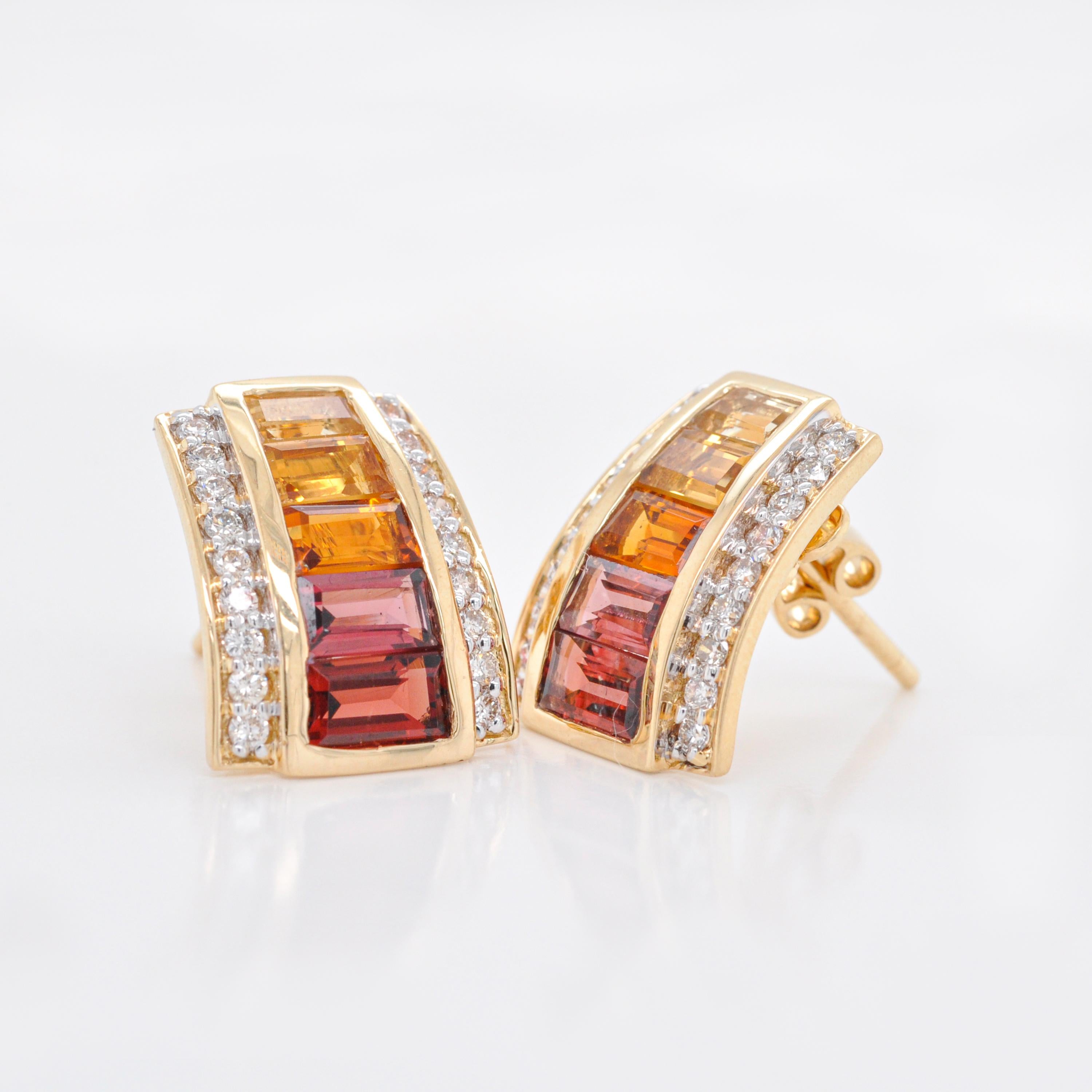 18 Karat Yellow Gold Citrine Garnet Baguette Art Deco Diamond Stud Earrings For Sale 3