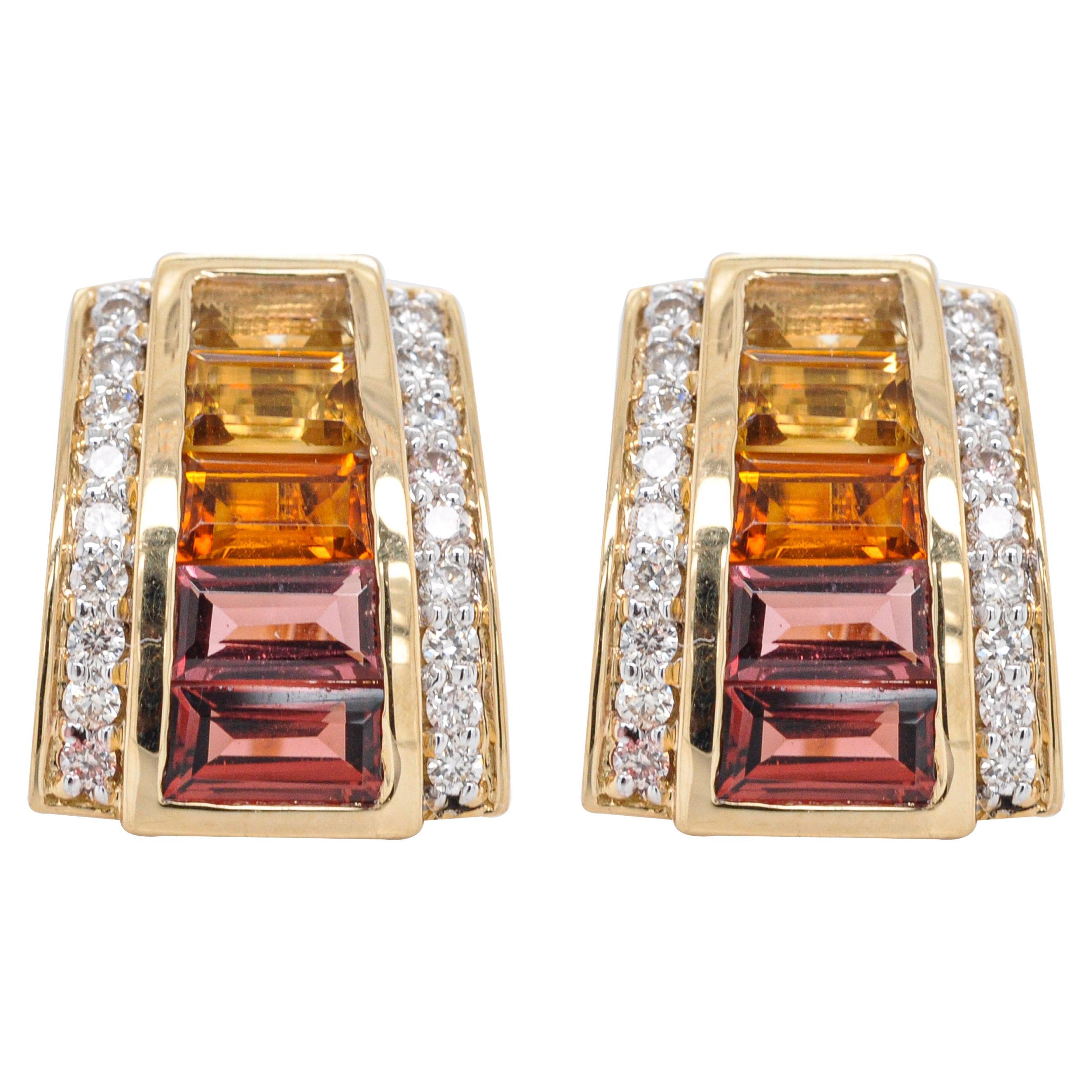 18 Karat Yellow Gold Citrine Garnet Baguette Art Deco Diamond Stud Earrings For Sale