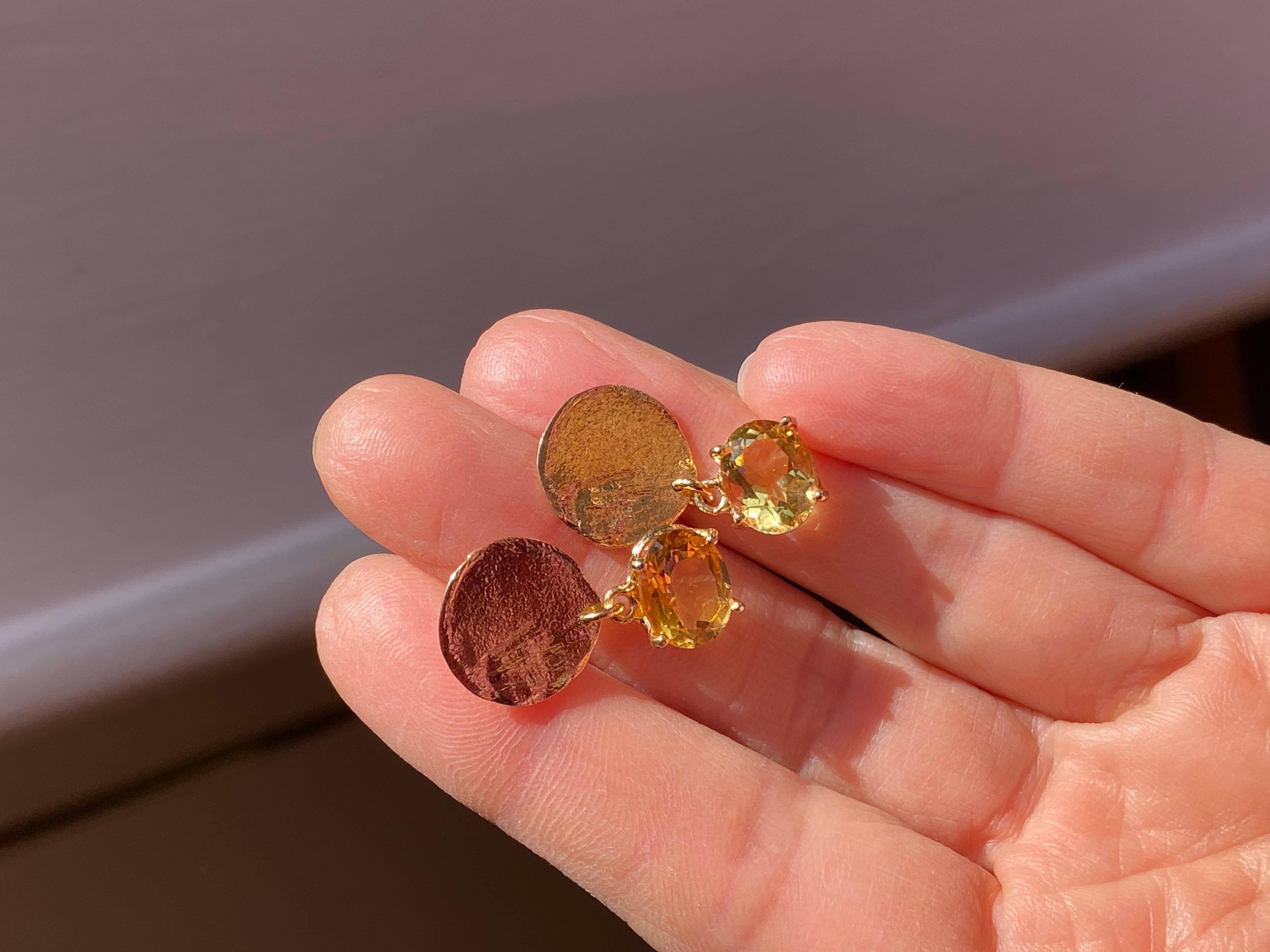 Contemporary 14 Karat Yellow Gold Citrine Gold Moon Handcrafted Design Dangle Earrings For Sale