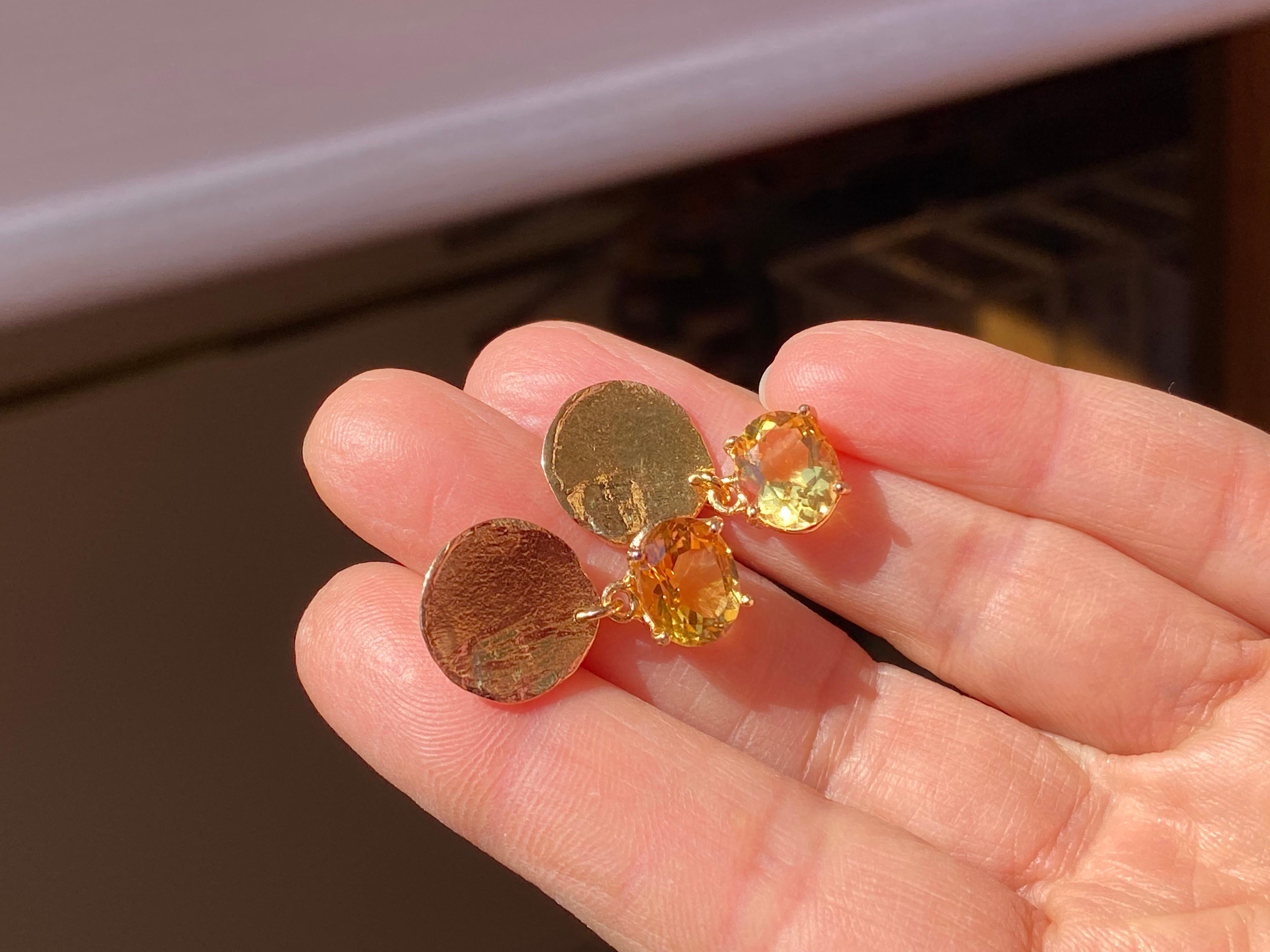 14 Karat Yellow Gold Citrine Gold Moon Handcrafted Design Dangle Earrings For Sale 2