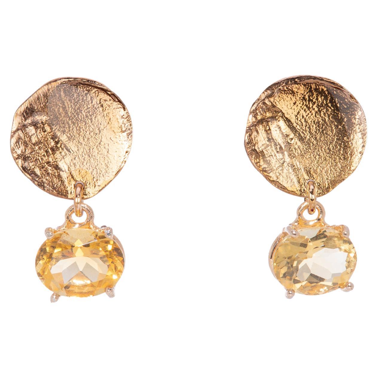 Pendants d'oreilles en or jaune 18 carats, citrine et or avec motif de lune, fabrication artisanale
