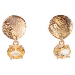 18 Karat Yellow Gold Citrine Gold Moon Handcrafted Design Dangle Earrings