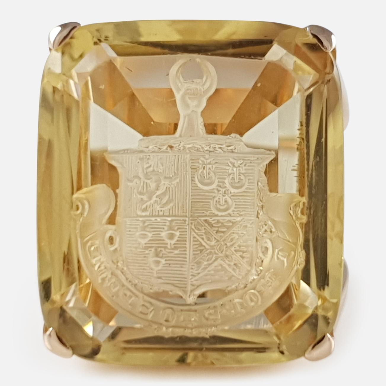 Description: - A superb 18 karat yellow gold & 18.85cts citrine cocktail seal ring - circa 1930s. The citrine is engraved with the Cathcart family crest, and the text 'I HOPE TO SPEED'. The ring has been stamped with modern UK