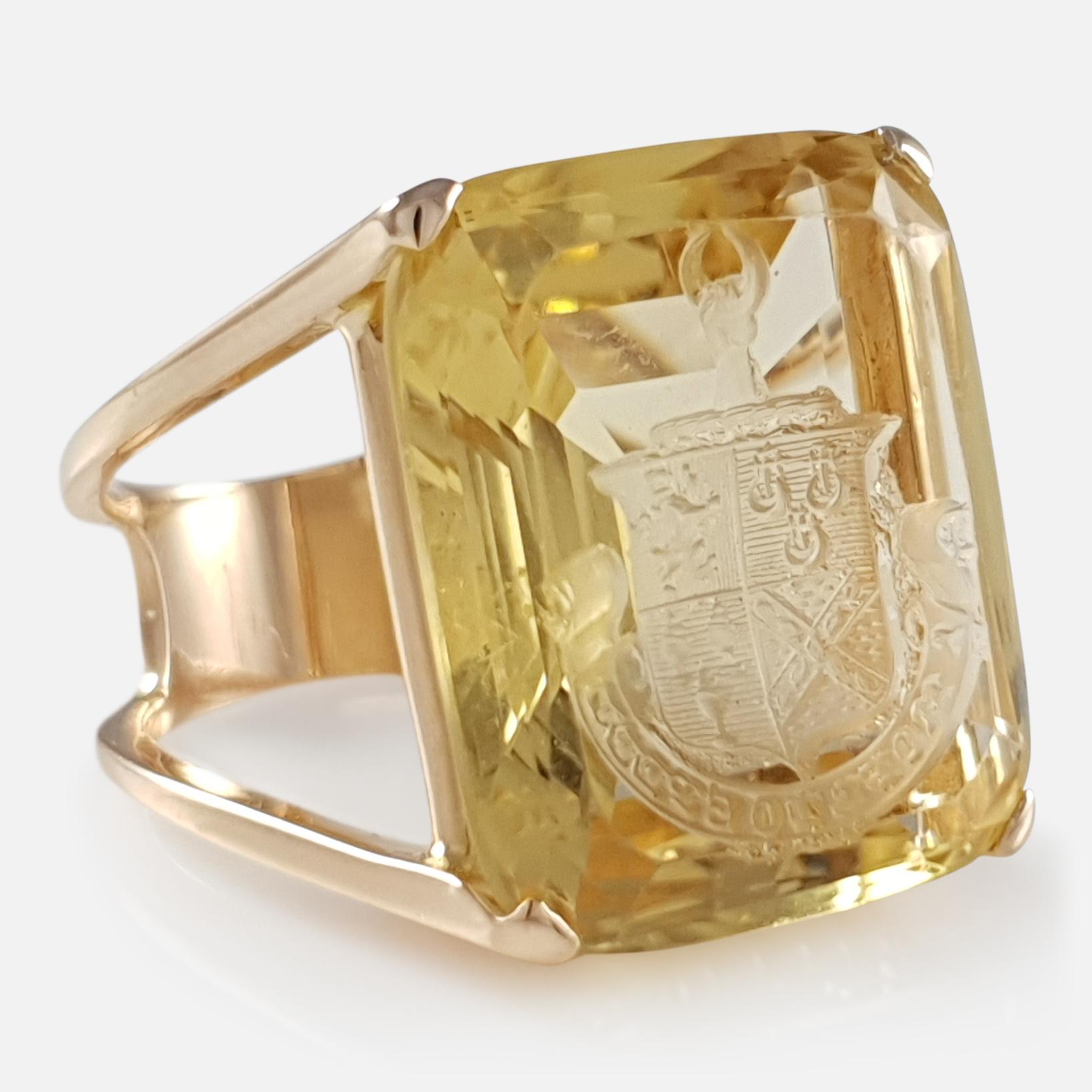 Art Deco 18 Karat Yellow Gold Citrine Intaglio Cocktail Seal Ring