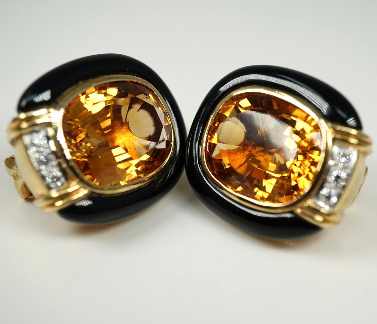 18 Karat Gelbgold Citrin Onyx Diamant-Ohrringe für Damen oder Herren