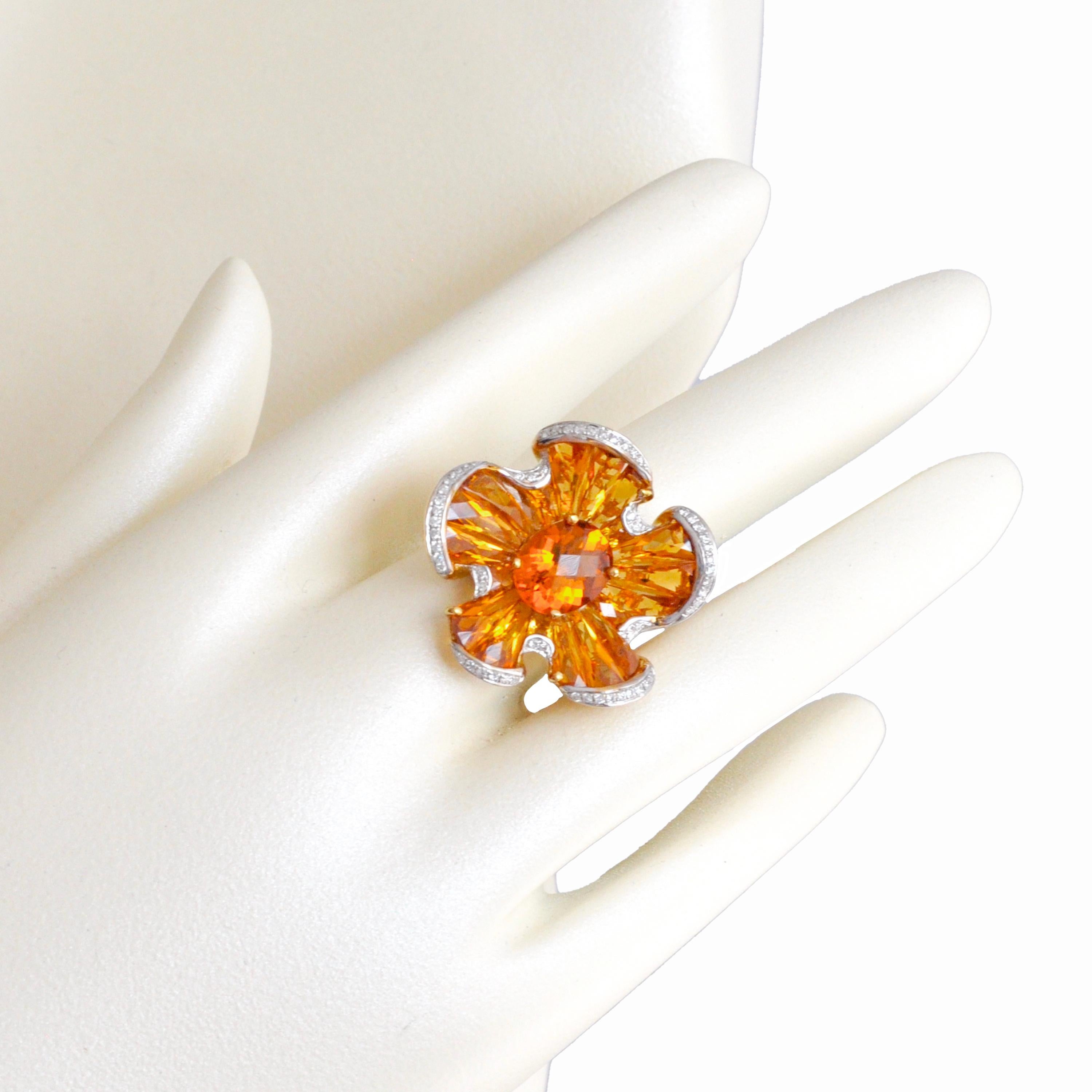 Baguette Cut 18 Karat Yellow Gold Citrine Tapered Baguette Diamond Cocktail Ring For Sale