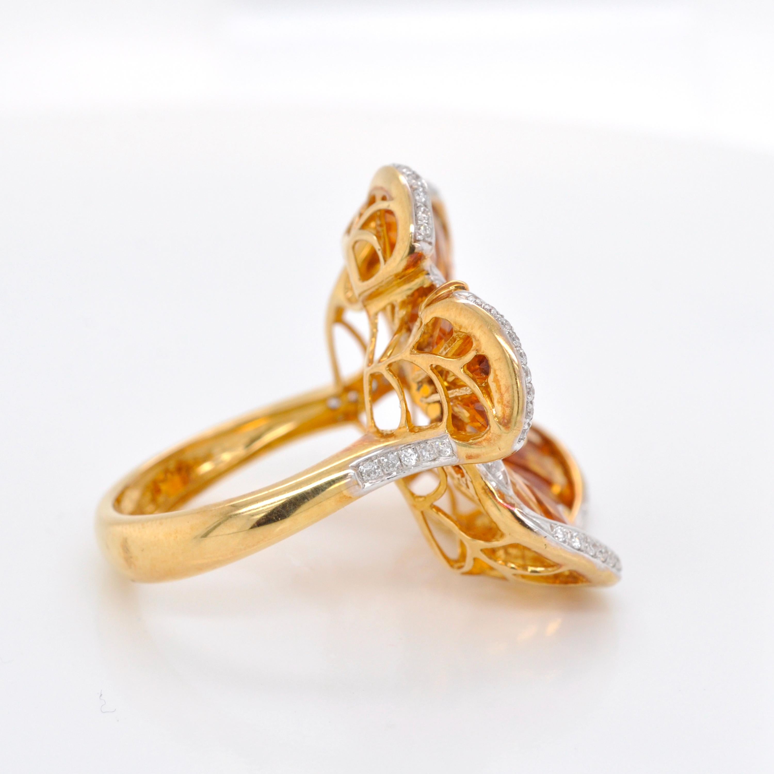 Women's 18 Karat Yellow Gold Citrine Tapered Baguette Diamond Cocktail Ring For Sale