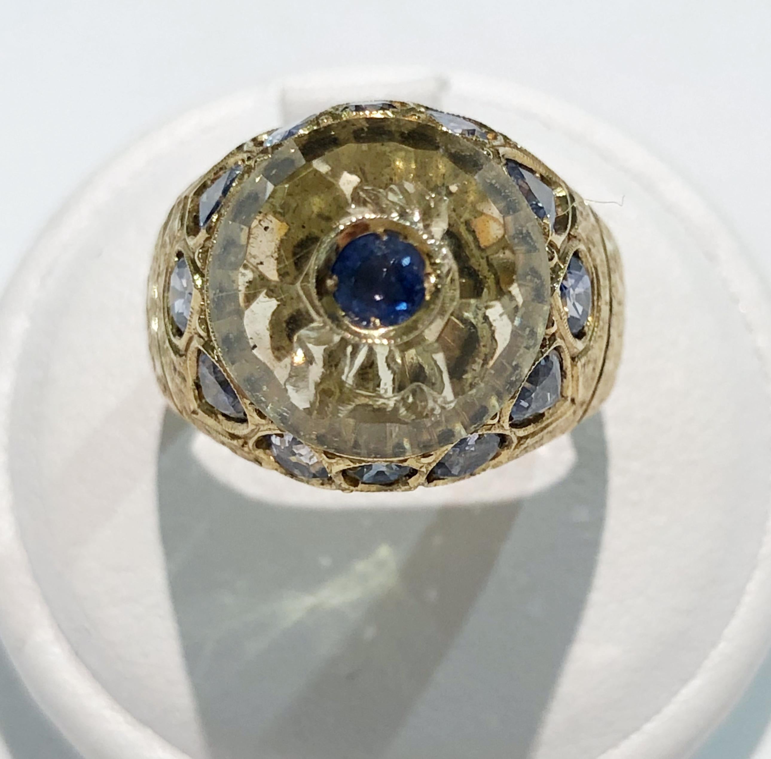 Vintage ring with 18 karat yellow gold band, citrine topaz and sapphires for a total of 2.93 karats, Italy 1980s
Ring size US 7