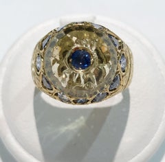 Vintage 18kt Yellow Gold Citrine Topaz and Sapphire Ring, Italy 1980s