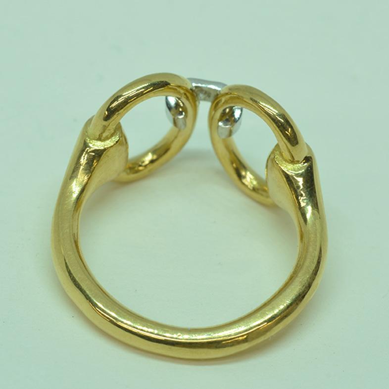 Artisan 18 Karat Yellow Gold Classic Equestrian Platinum Diamond Linked Horsebit Ring For Sale