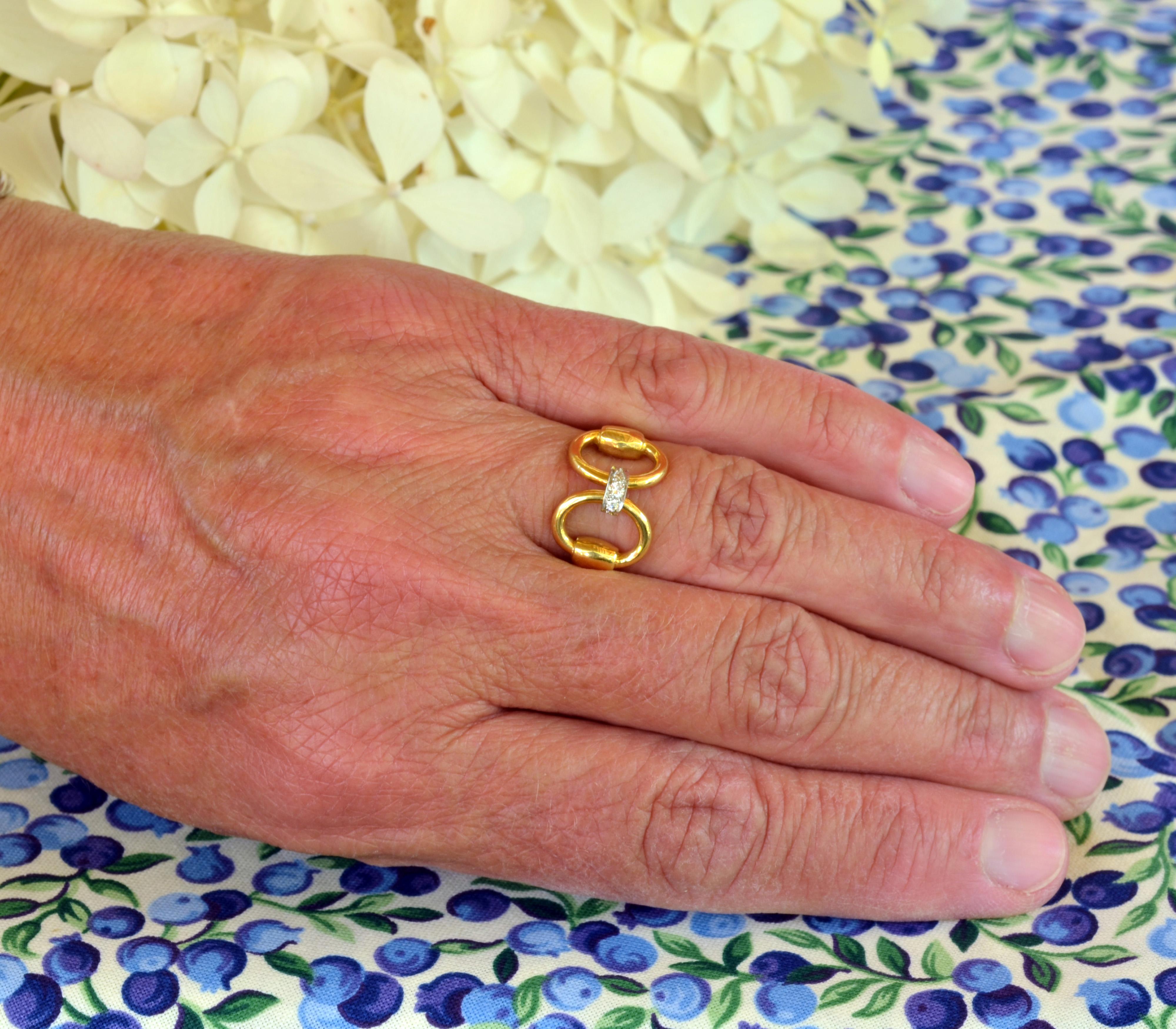 18 Karat Yellow Gold Classic Equestrian Platinum Diamond Linked Horsebit Ring In New Condition For Sale In Warren, ME