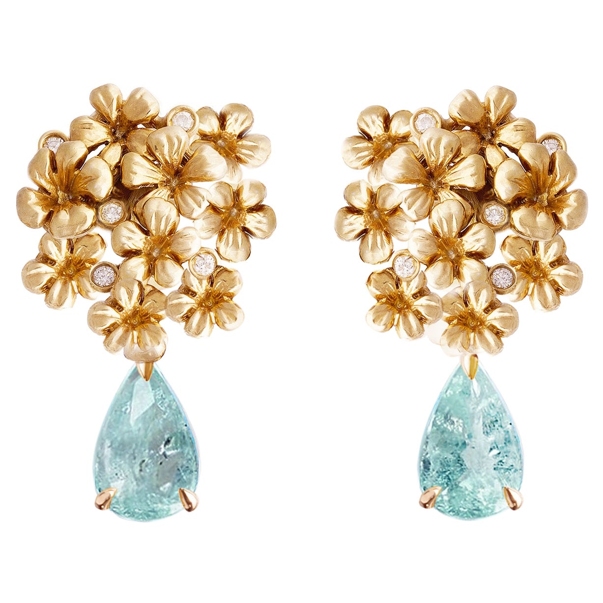 Boucles d'oreilles contemporaines en or jaune avec tourmalines Paraiba en vente