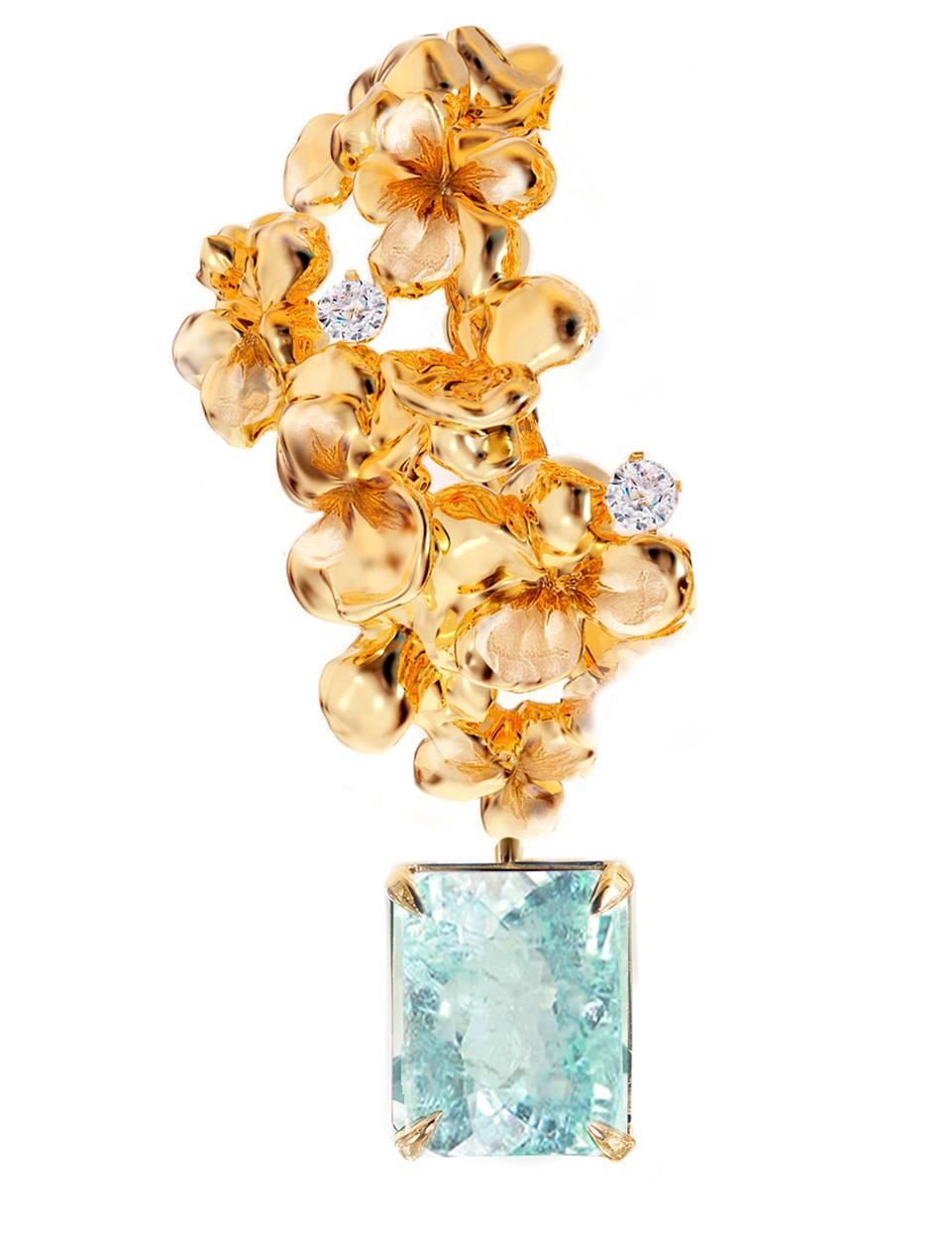 These contemporary 18 karat yellow gold Hortensia cocktail clip-on earrings are encrusted with round diamonds and detachable paraiba tourmalines. This jewellery collection was featured in Vogue UA review.
One earring is around 4 cm long. We use top
