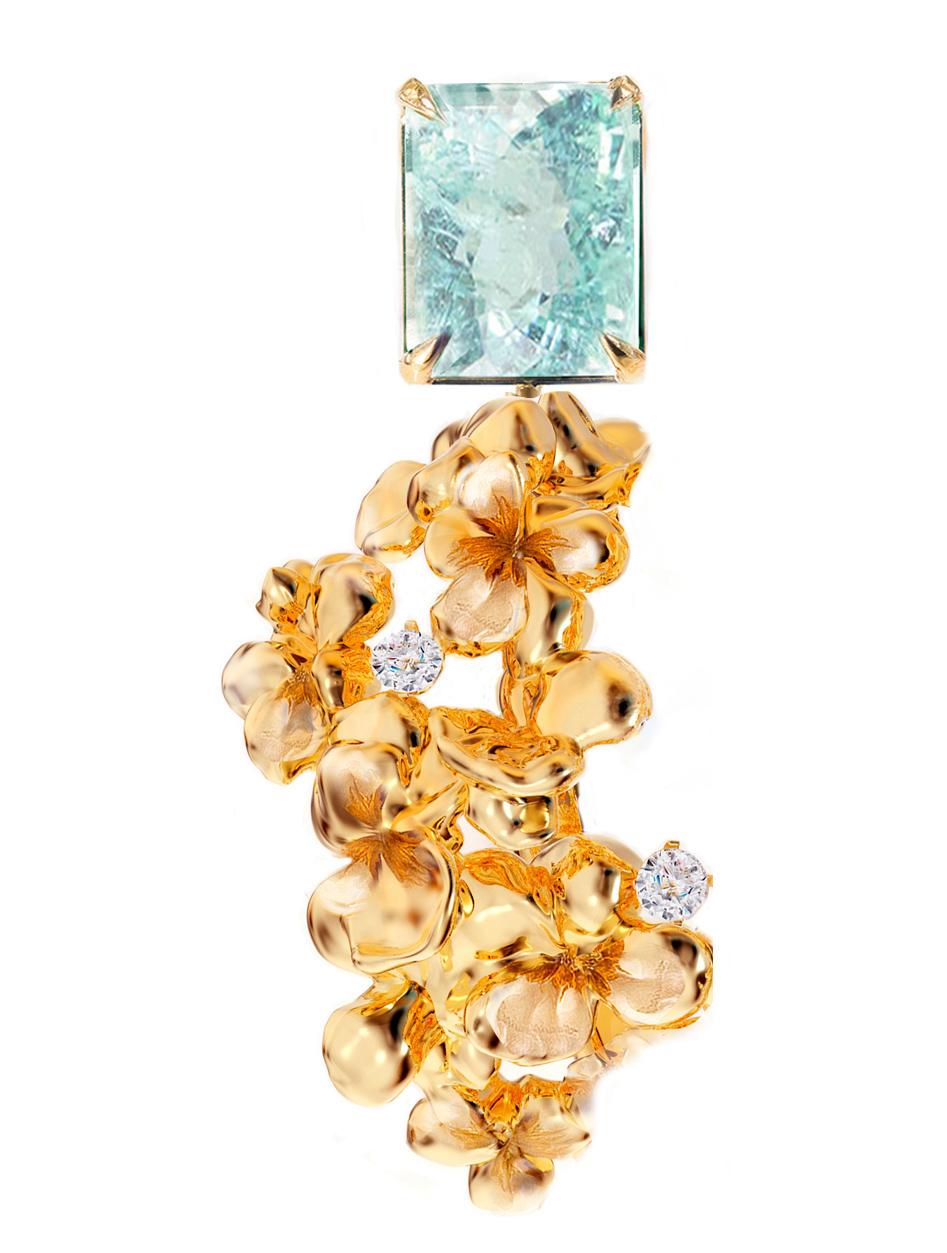 Estos contemporáneos pendientes de clip de cóctel Hortensia de oro amarillo de 18 quilates llevan incrustaciones de diamantes redondos y turmalinas paraiba desmontables. Esta colección de joyas apareció en la revista Vogue UA.
Un pendiente mide unos