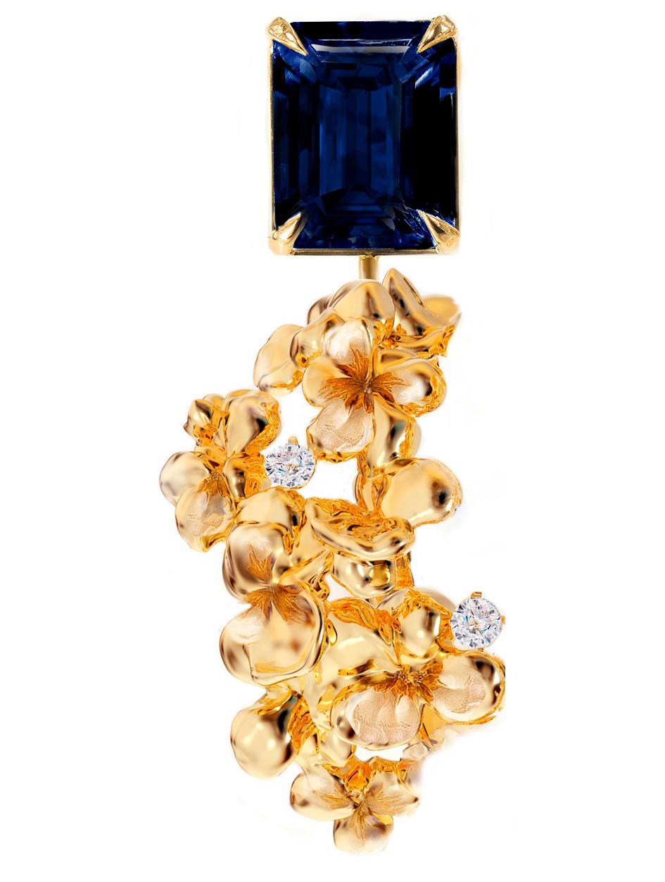 These contemporary 18 karat yellow gold Hortensia cocktail clip-on earrings are encrusted with round diamonds and detachable sapphires, octagon cut,  5,6 carats in total, 10,2x6 mm each, octagon cut.. This jewellery collection was featured in Vogue