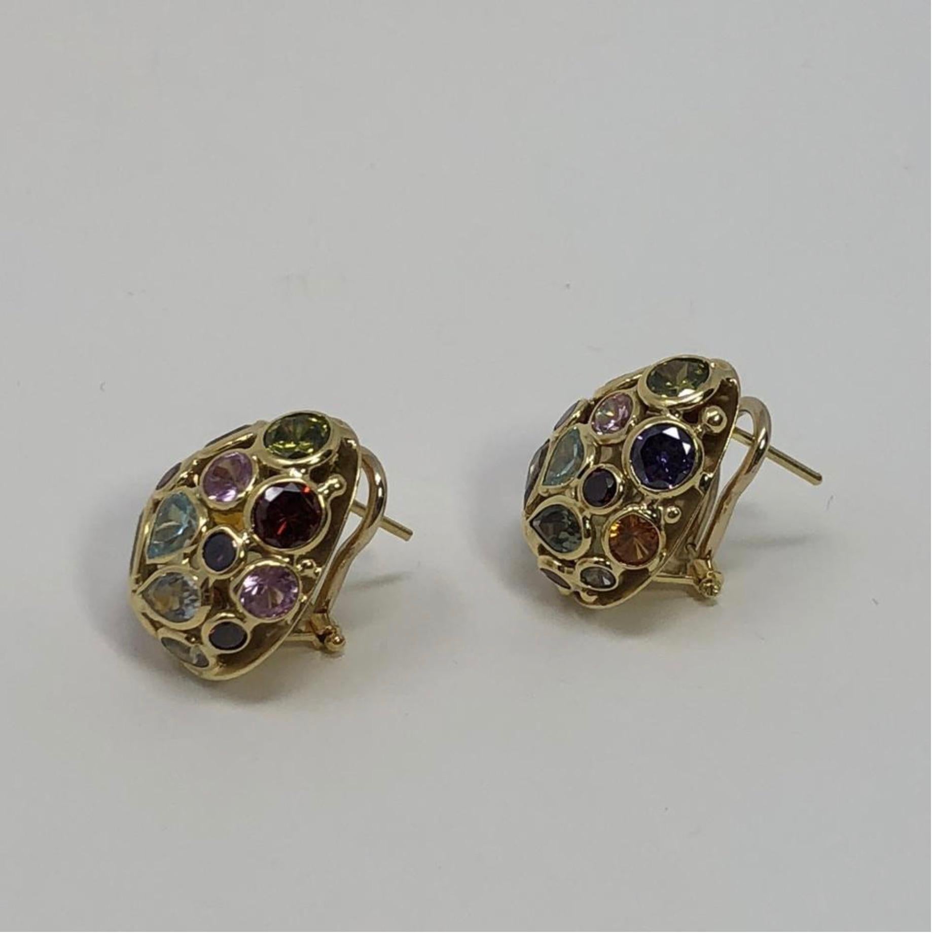 MODEL - 18k Yellow Gold Clip on Earrings with Precious Stones 

CONDITION - Exceptional! No signs of wear.

SKU - 2204-FL

ORIGINAL RETAIL PRICE - $2,750 + tax

MATERIAL - 18k Gold and Semi-Precious Stones

WEIGHT - 9.6 grams

DIMENSIONS - L.6 x H.8