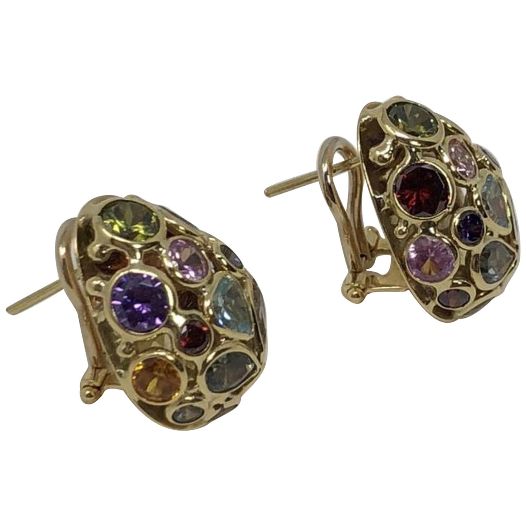 18 Karat Yellow Gold Clip-On Earrings with Precious Stones For Sale