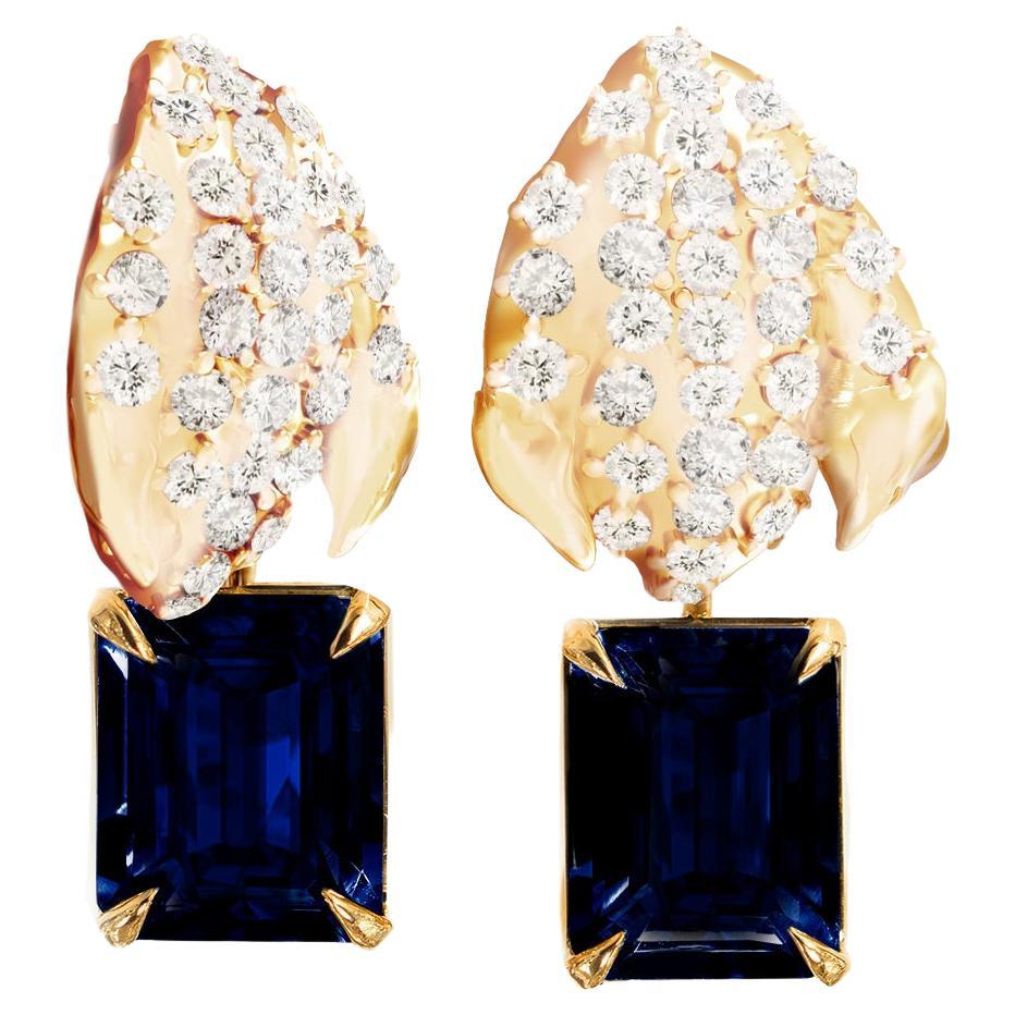 Eighteen Karat Yellow Gold Clip-on Earrings with Sapphires and Sixty Diamonds For Sale