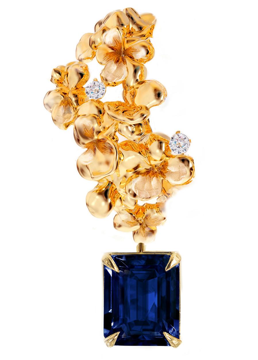 These contemporary 18 karat yellow gold Hortensia clip-on earrings are encrusted with round diamonds and detachable sapphires, octagon cut. This jewellery collection was featured in Vogue UA review.
One earring is around 4 cm long. We use top