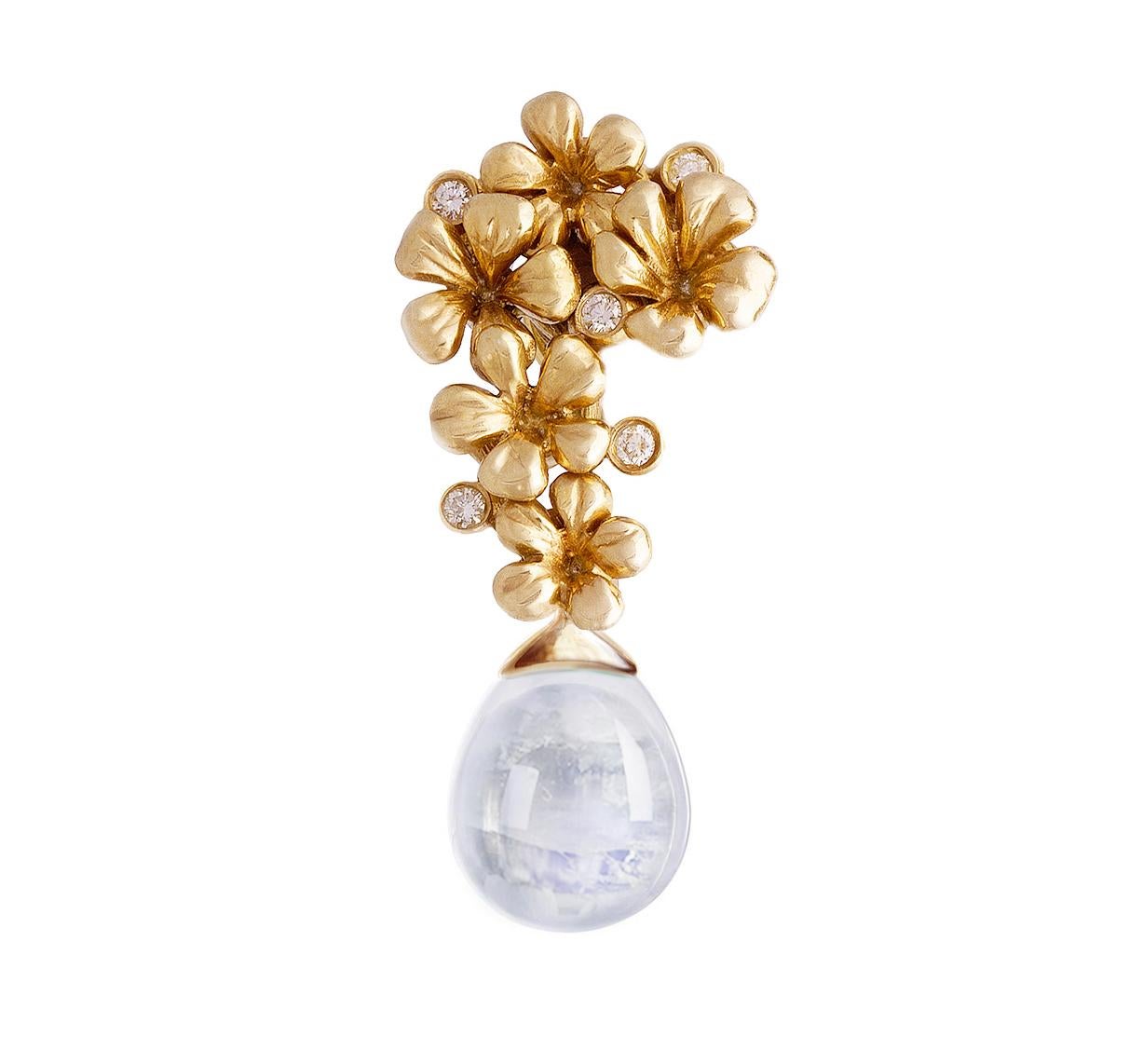 Introducing the Plum Blossom contemporary cocktail clip-on earrings in 18 karat yellow gold. These earrings are encrusted with 10 top natural diamonds VS, F-G and removable natural moonstones (13 mm), which can be easily taken on and off. Designed