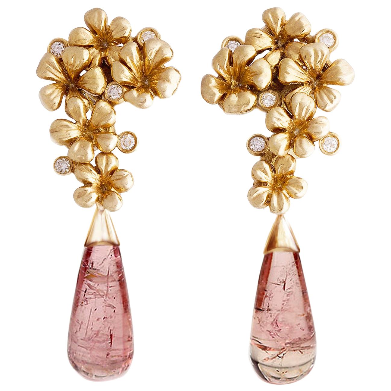 18 Karat Yellow Gold Cocktail Clip-On Earrings with Diamonds and Tourmalines For Sale