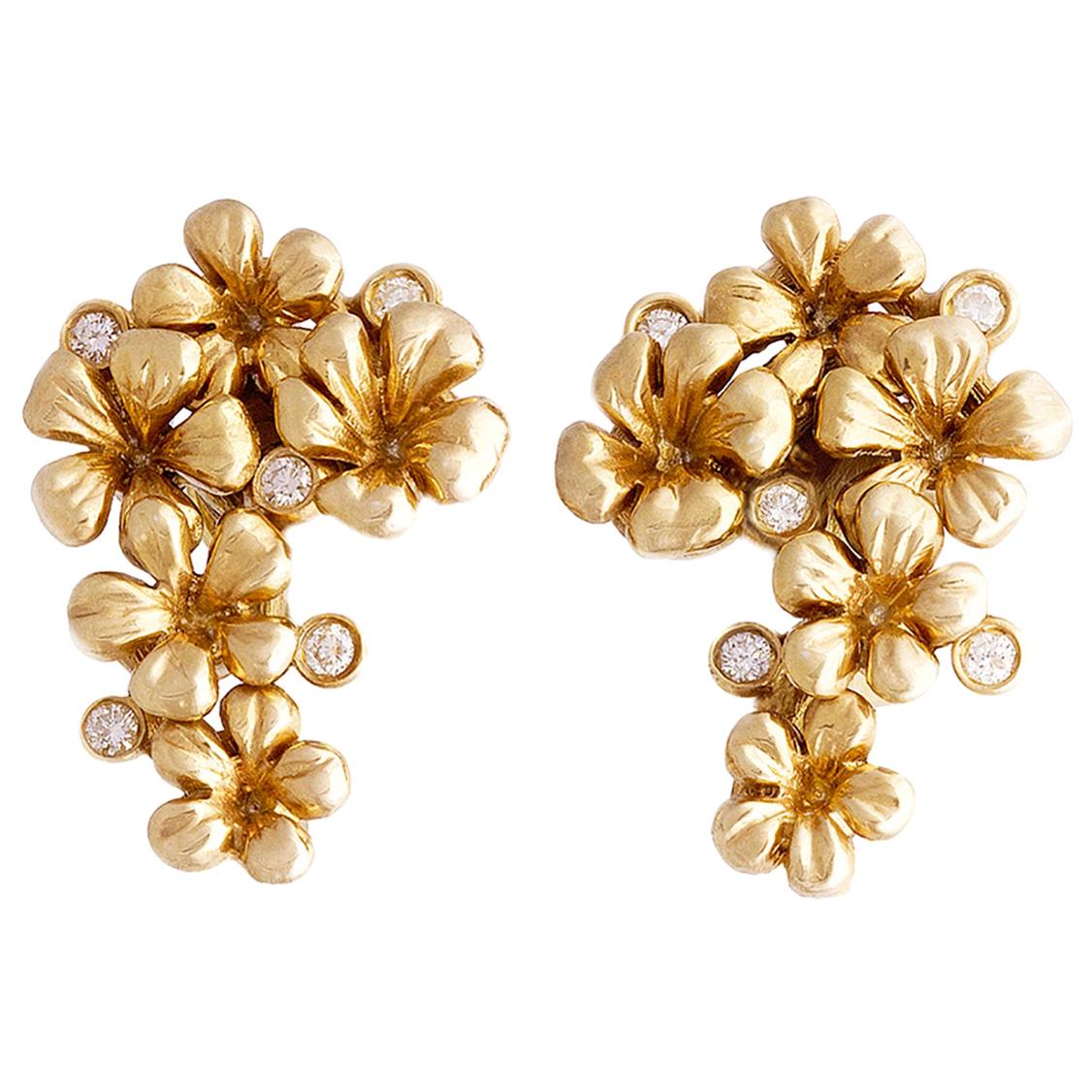 Eighteen Karat Yellow Gold Cocktail Earrings by the Artist with Round Diamonds For Sale