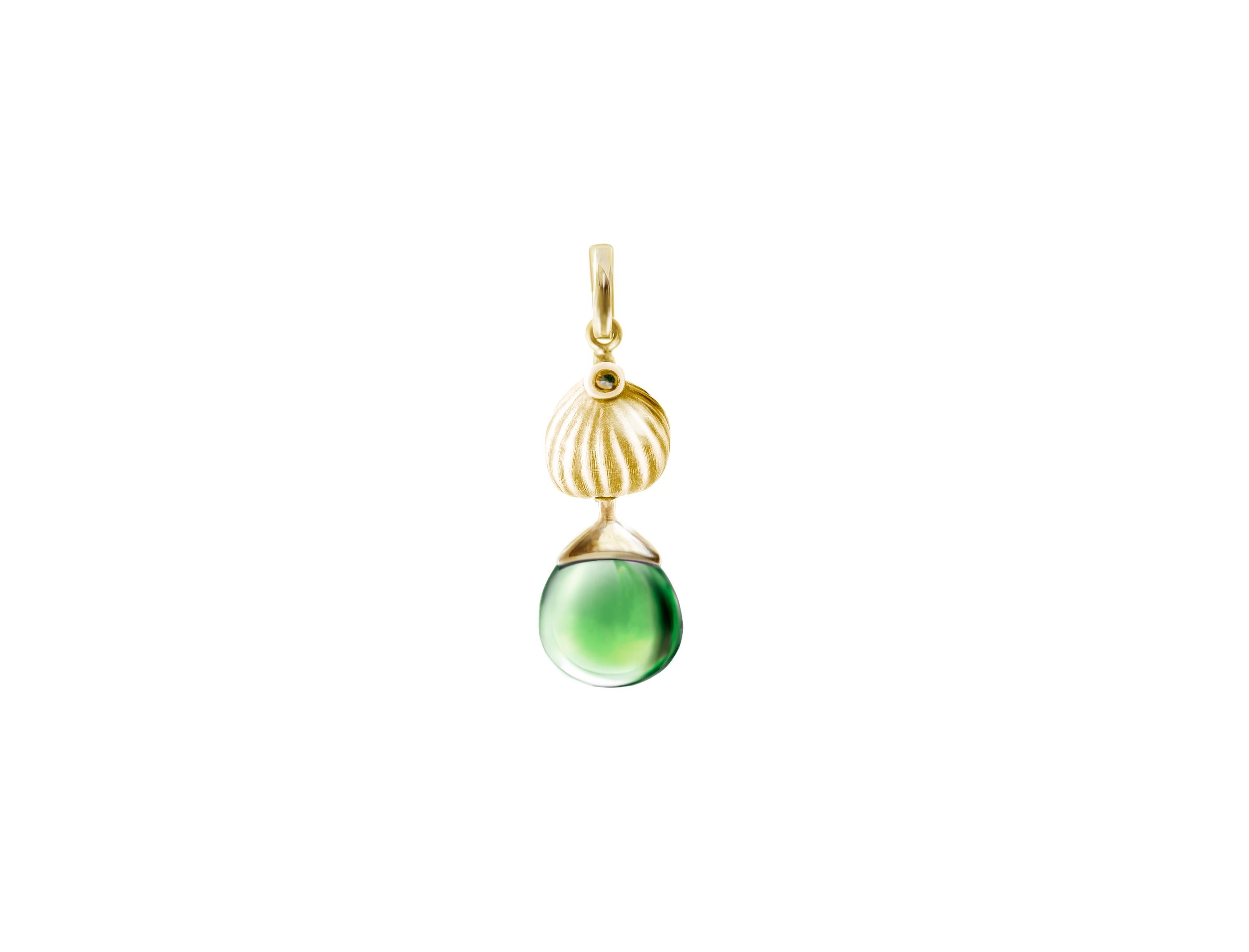 Yellow Gold Cocktail Fig Earrings with Green Amber Drops and Diamonds For Sale 2