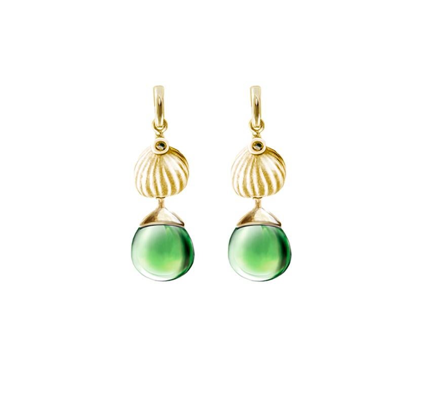 Yellow Gold Cocktail Fig Earrings with Green Amber Drops and Diamonds For Sale 3