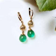 Yellow Gold Cocktail Fig Earrings with Green Amber Drops and Diamonds