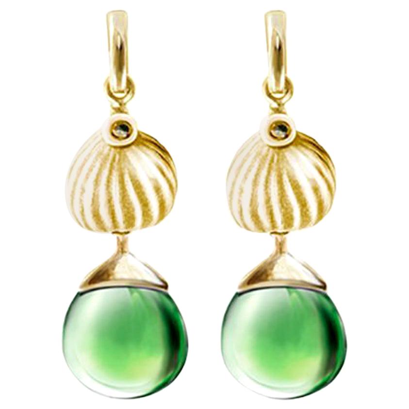 Yellow Gold Cocktail Fig Earrings with Green Amber Drops and Diamonds For Sale
