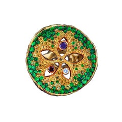 18 Karat Yellow Gold Cocktail Ring with Diamonds Tsavorites and Sapphires