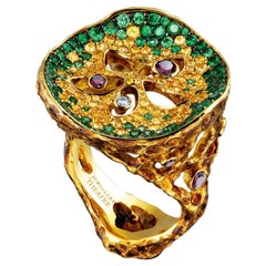 18 Karat Yellow Gold Cocktail Ring with Diamonds Tsavorites and Sapphires