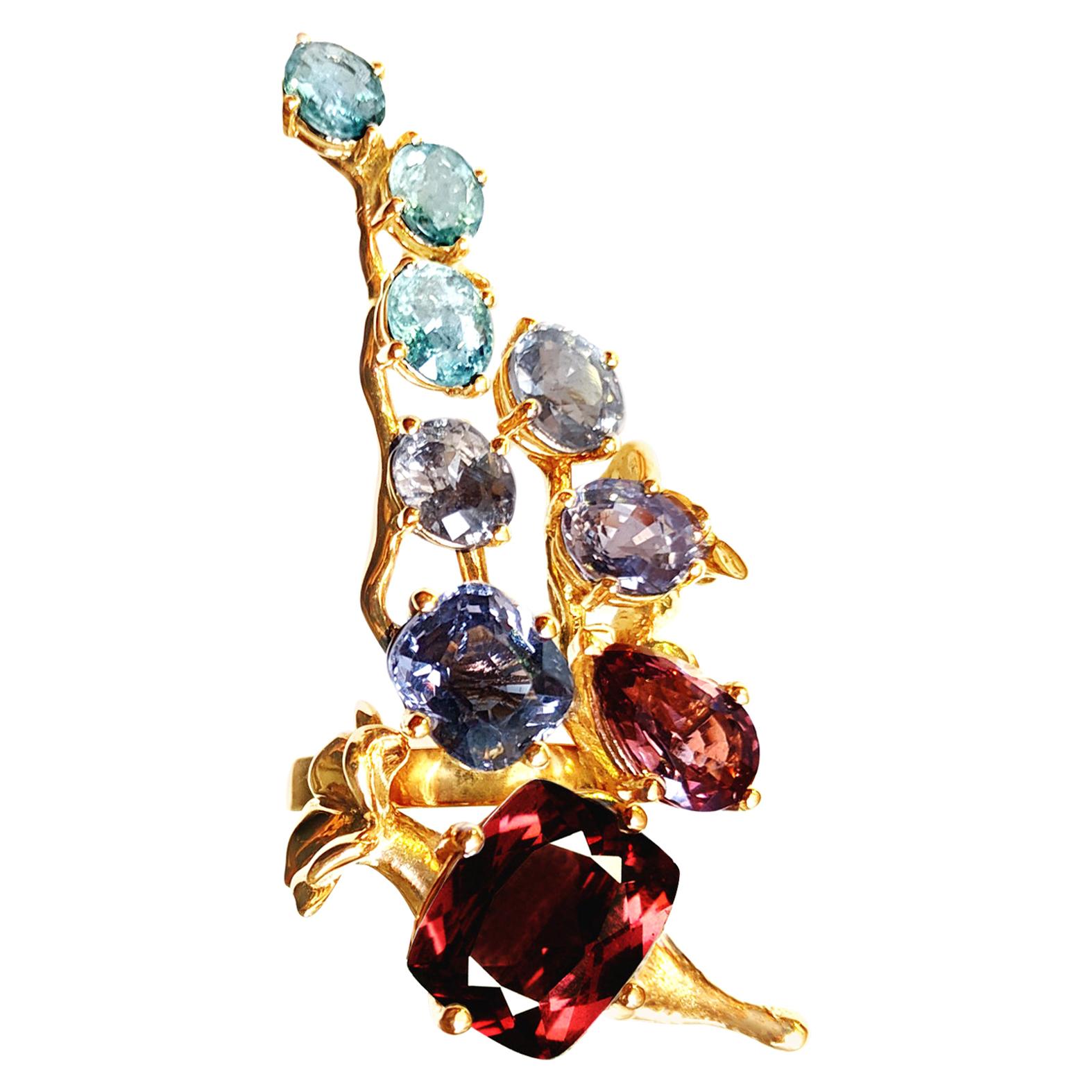 Yellow Gold Contemporary Cocktail Ring with Sapphires and Tourmalines