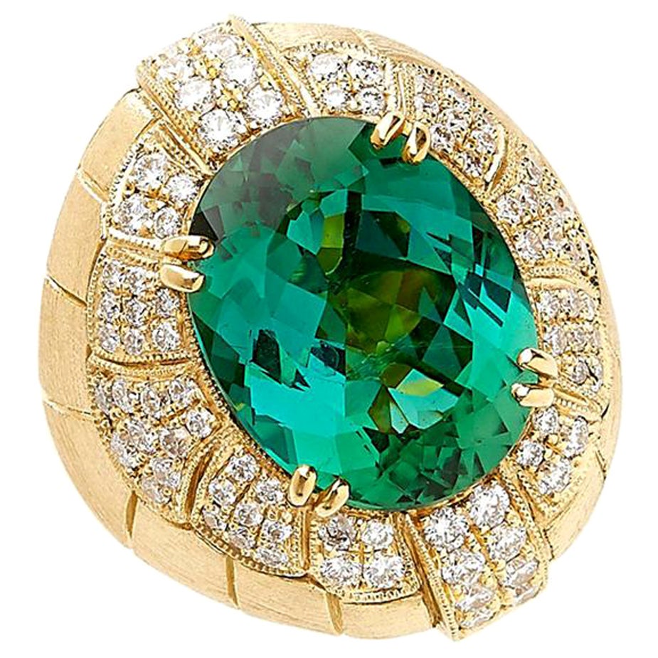 Anello da cocktail in oro giallo 18 carati con tormalina e diamanti, su ordinazione
