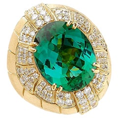 Anello da cocktail in oro giallo 18 carati con tormalina e diamanti, su ordinazione