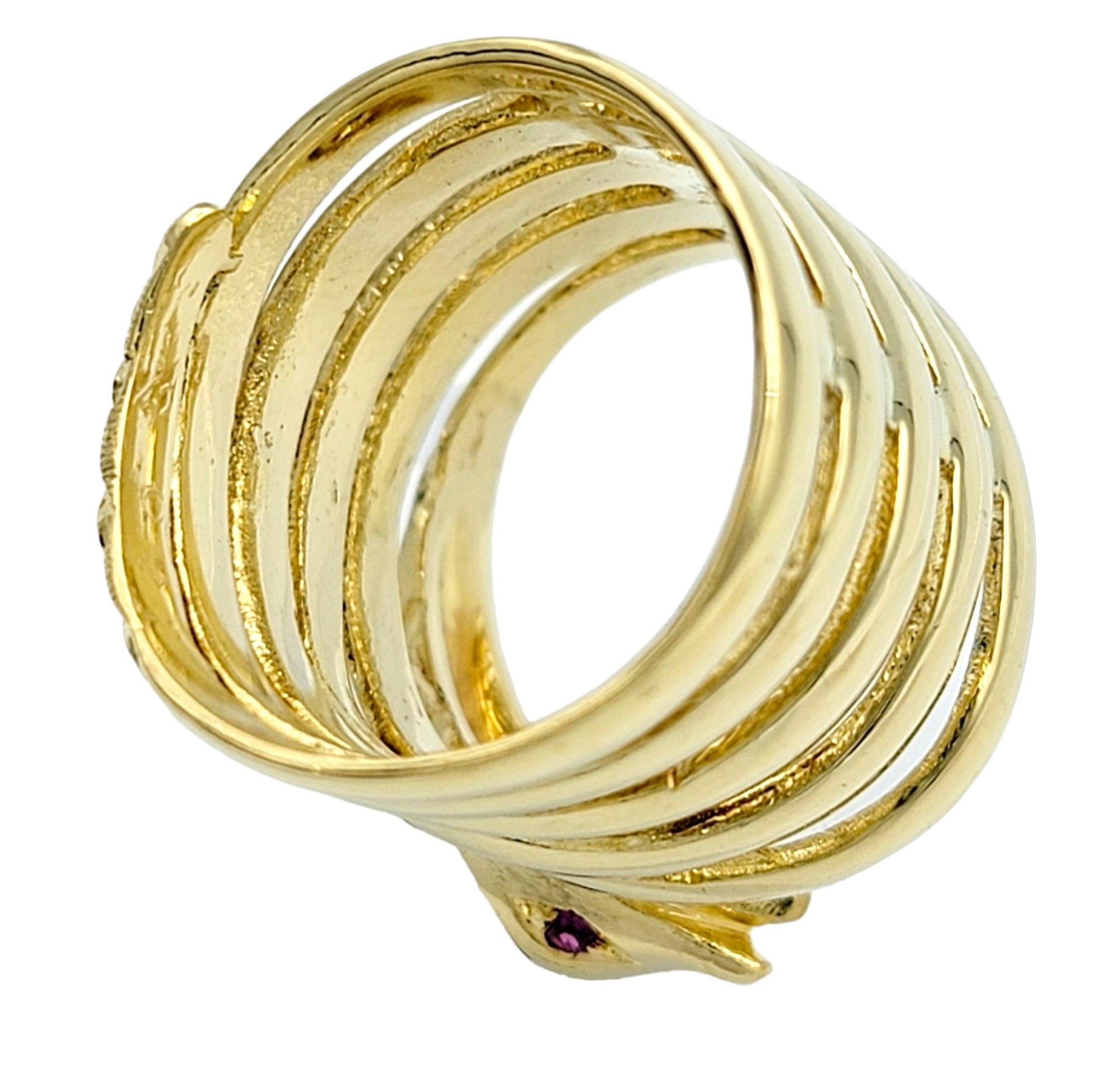 Round Cut 18 Karat Yellow Gold Coiled Snake Bypass Cocktail Ring with Emerald and Rubies For Sale