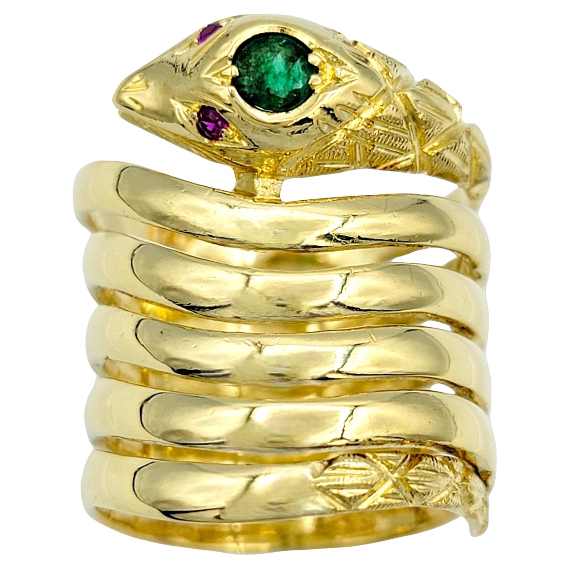 18 Karat Yellow Gold Coiled Snake Bypass Cocktail Ring with Emerald and Rubies For Sale